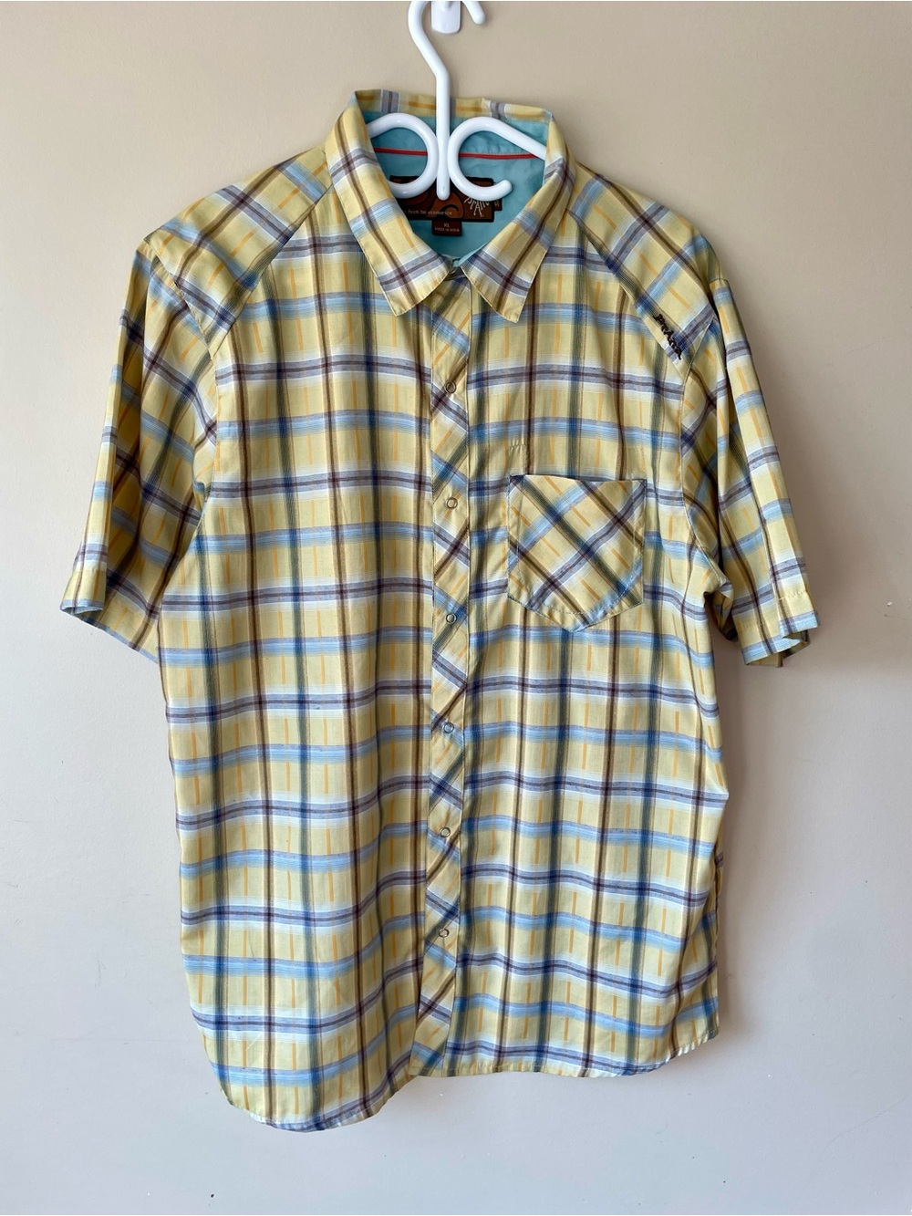 Prana Yellow and Blue Plaid Short-Sleeve Button-Down Shirt